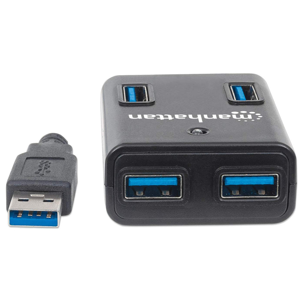 Manhattan USB-A 4-Port Hub, 4x USB-A Ports, 5 Gbps (USB 3.2 Gen1 aka USB 3.0), AC or Bus Power, Fast charge up to 0.9A per port with inc power adapter, SuperSpeed USB, Black, Three Year Warranty