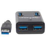 Manhattan USB-A 4-Port Hub, 4x USB-A Ports, 5 Gbps (USB 3.2 Gen1 aka USB 3.0), AC or Bus Power, Fast charge up to 0.9A per port with inc power adapter, SuperSpeed USB, Black, Three Year Warranty