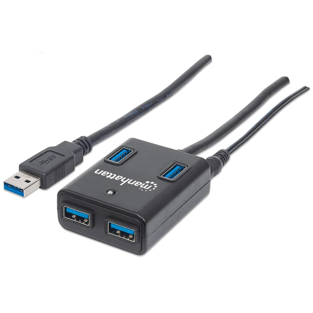 Manhattan USB-A 4-Port Hub, 4x USB-A Ports, 5 Gbps (USB 3.2 Gen1 aka USB 3.0), AC or Bus Power, Fast charge up to 0.9A per port with inc power adapter, SuperSpeed USB, Black, Three Year Warranty