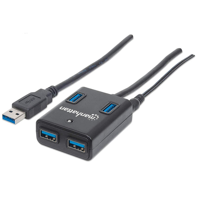Manhattan USB-A 4-Port Hub, 4x USB-A Ports, 5 Gbps (USB 3.2 Gen1 aka USB 3.0), AC or Bus Power, Fast charge up to 0.9A per port with inc power adapter, SuperSpeed USB, Black, Three Year Warranty