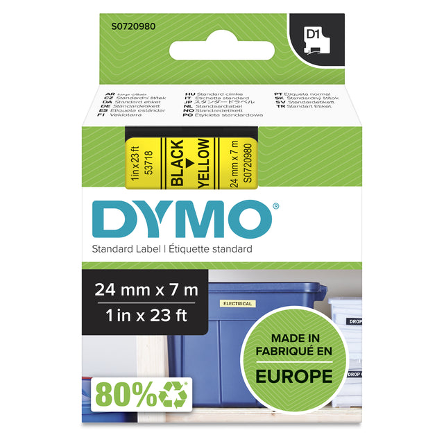 DYMO Authentic D1 Labels | 24mm x 7m Roll | Black Print on Yellow | Self-Adhesive Labels for LabelManager Label Printers