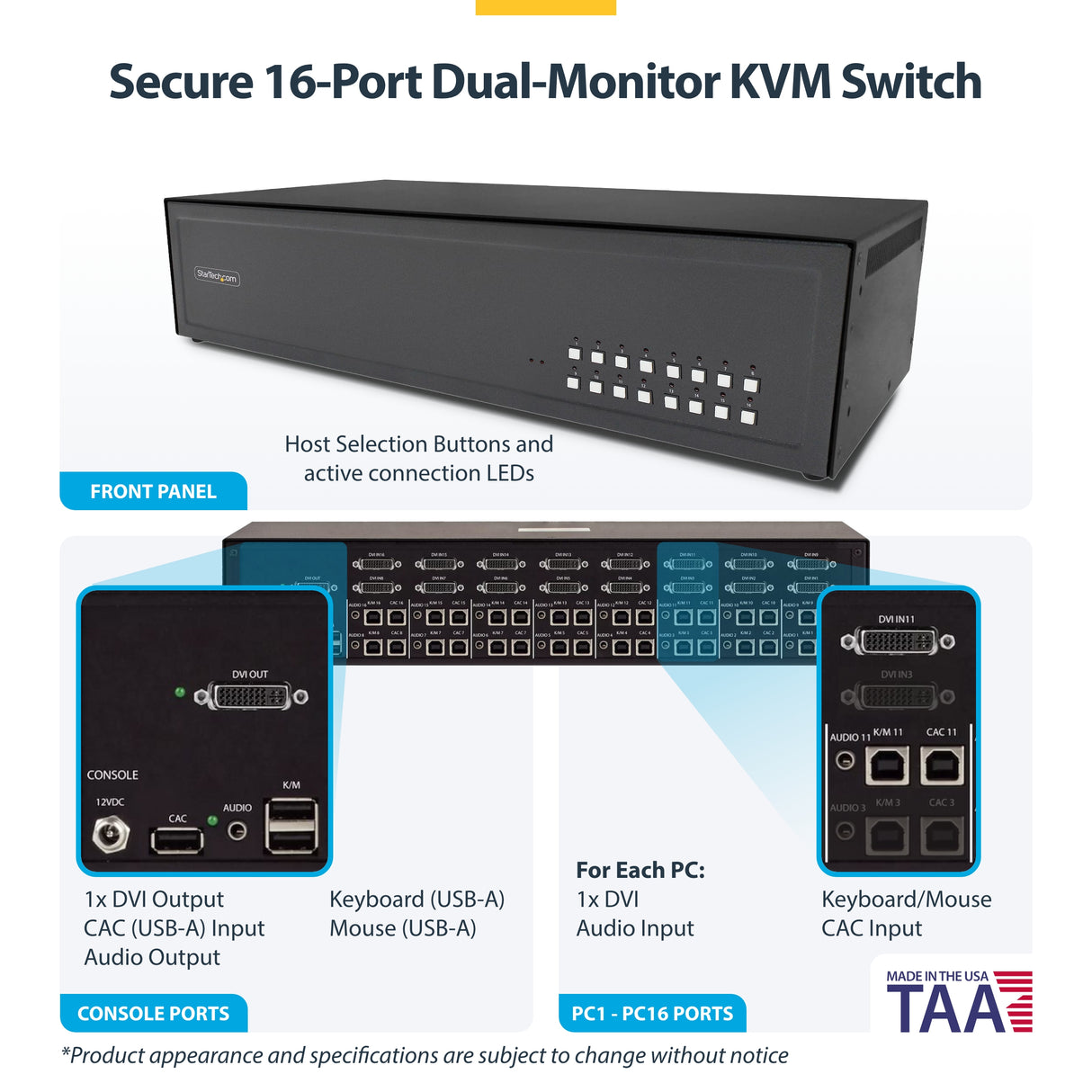 StarTech.com Secure 16-Port KVM Switch, DVI, NIAP 4.0 Desktop KVM, Metal Housing, CAC Port, Made in the USA