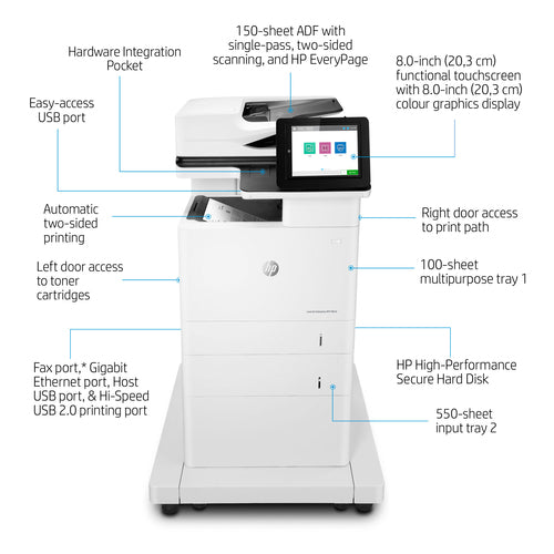 HP LaserJet Enterprise M635fht Multifunction Black and white Printer, Ethernet Only; Copier, Scanner