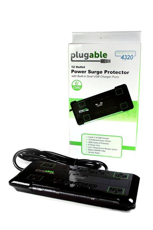 Plugable Technologies PS12-USB2B surge protector Black 12 AC outlet(s) 120 V 1.89 m