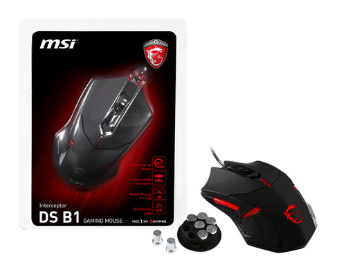 MSI INTERCEPTOR DS B1 Optical Gaming Mouse '1600 DPI Optical Sensor, 6 button, 3-Zone Lighting, Ergonomic design, Weight adjustment system, RED LED'
