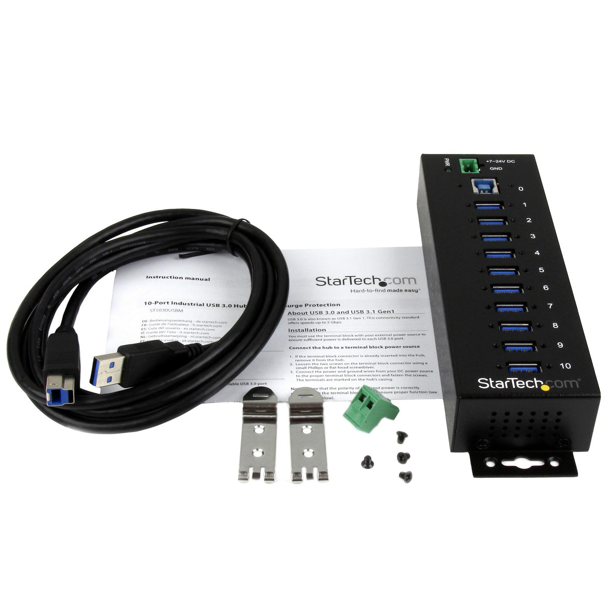 StarTech.com 10-Port USB 3.0 Hub - 5Gbps - Metal Industrial USB-A Hub with ESD & Surge Protection - Din Rail, Wall or Desk Mountable - TAA Compliant USB Expander Hub