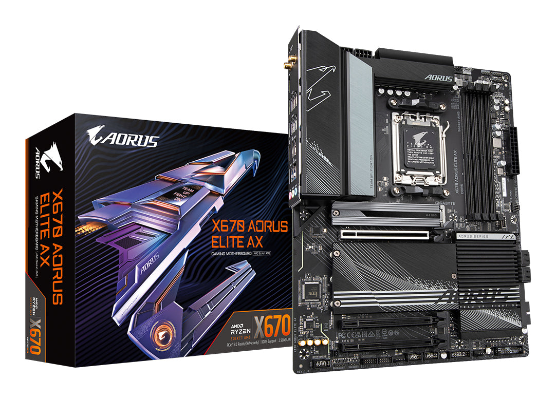 GIGABYTE X670 AORUS ELITE AX Motherboard - Supports AMD Ryzen 9000 Series CPUs, 16+2+2 Phases Digital VRM, up to 8000MHz DDR5 (OC), 1xPCIe 5.0 + 3xPCIe 4.0 M.2, Wi-Fi 6E, 2.5GbE LAN, USB 3.2 Gen 2x2