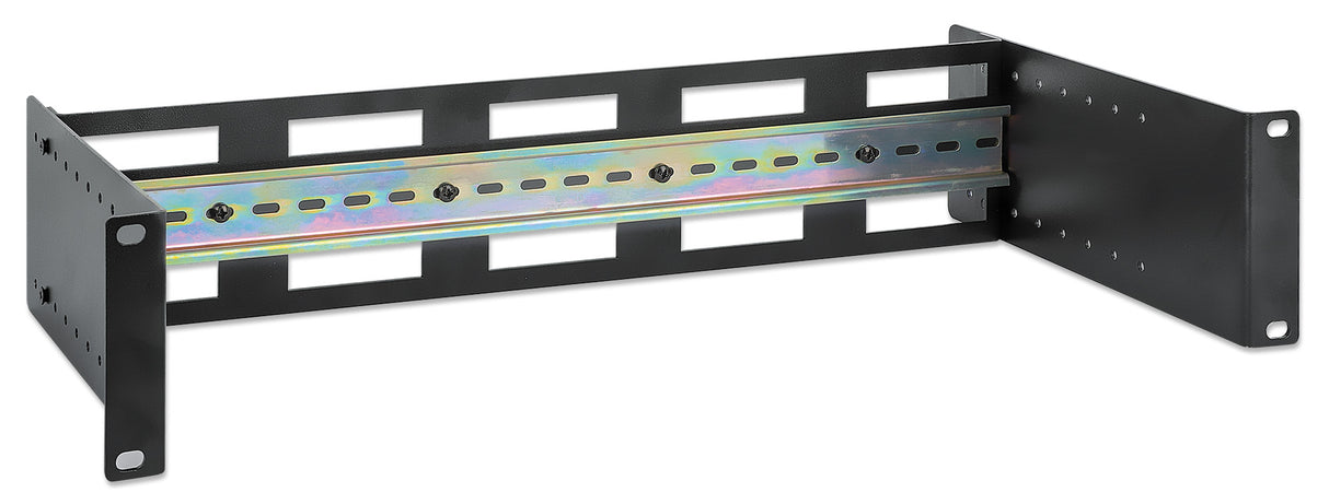 Intellinet Adjustable 19" Rackmount DIN Rail Kit, 2U, Chassis to Mount Top Hat DIN Rail Equipment in a 19 in. Rack, Adjustable Rail Depth of 48 to 174 mm, Aluminum, Black RAL 9005