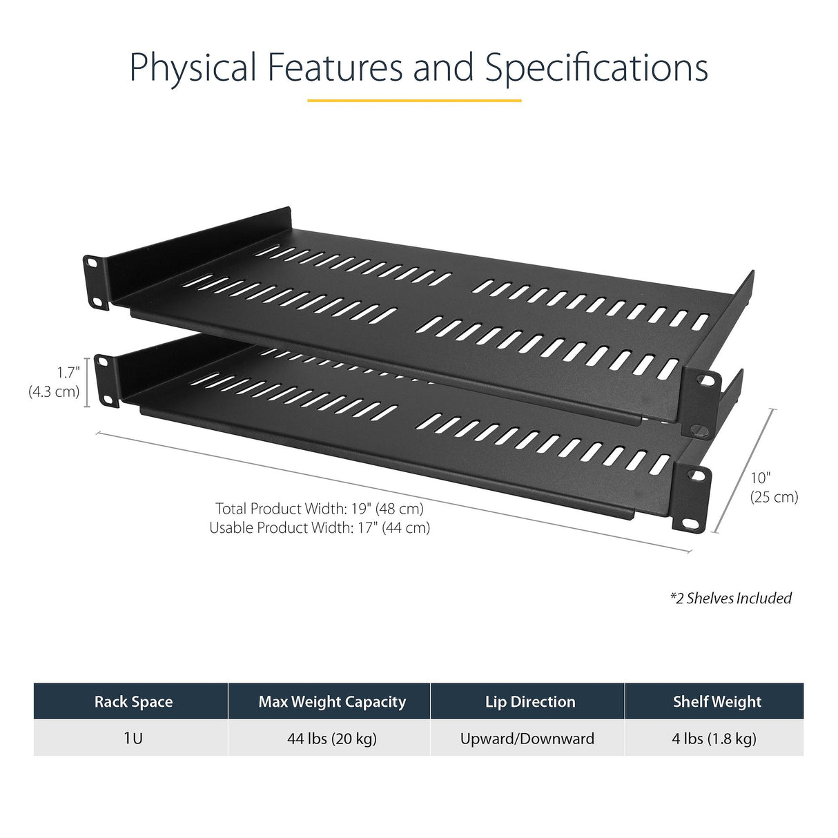 StarTech.com 2-Pack 1U Server Rack Shelf, Vented Rackmount Cantilever Tray for 19" Network Rack or Cabinet, Heavy-Duty 10" (25cm) Deep, Up to 44lb (20kg) Each