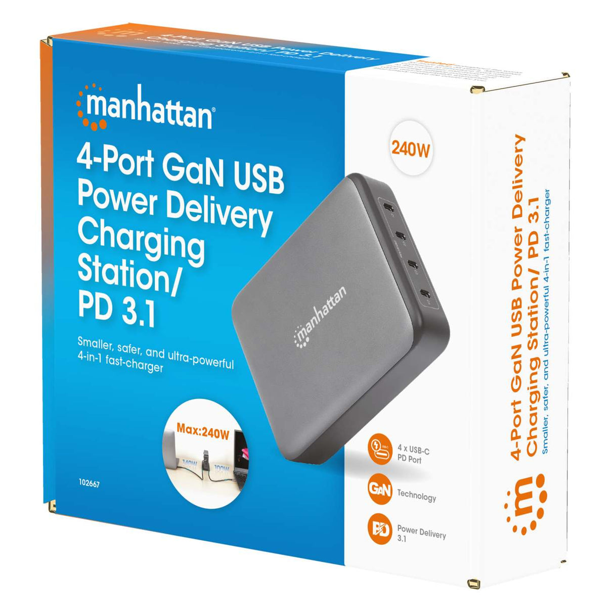 Manhattan 4-Port GaN USB Power Delivery Charging Station - 240 W / PD 3.1, Four USB-C PD Ports with up to 140 W per Port, 240 W Total Output, Power Delivery 3.1, Black