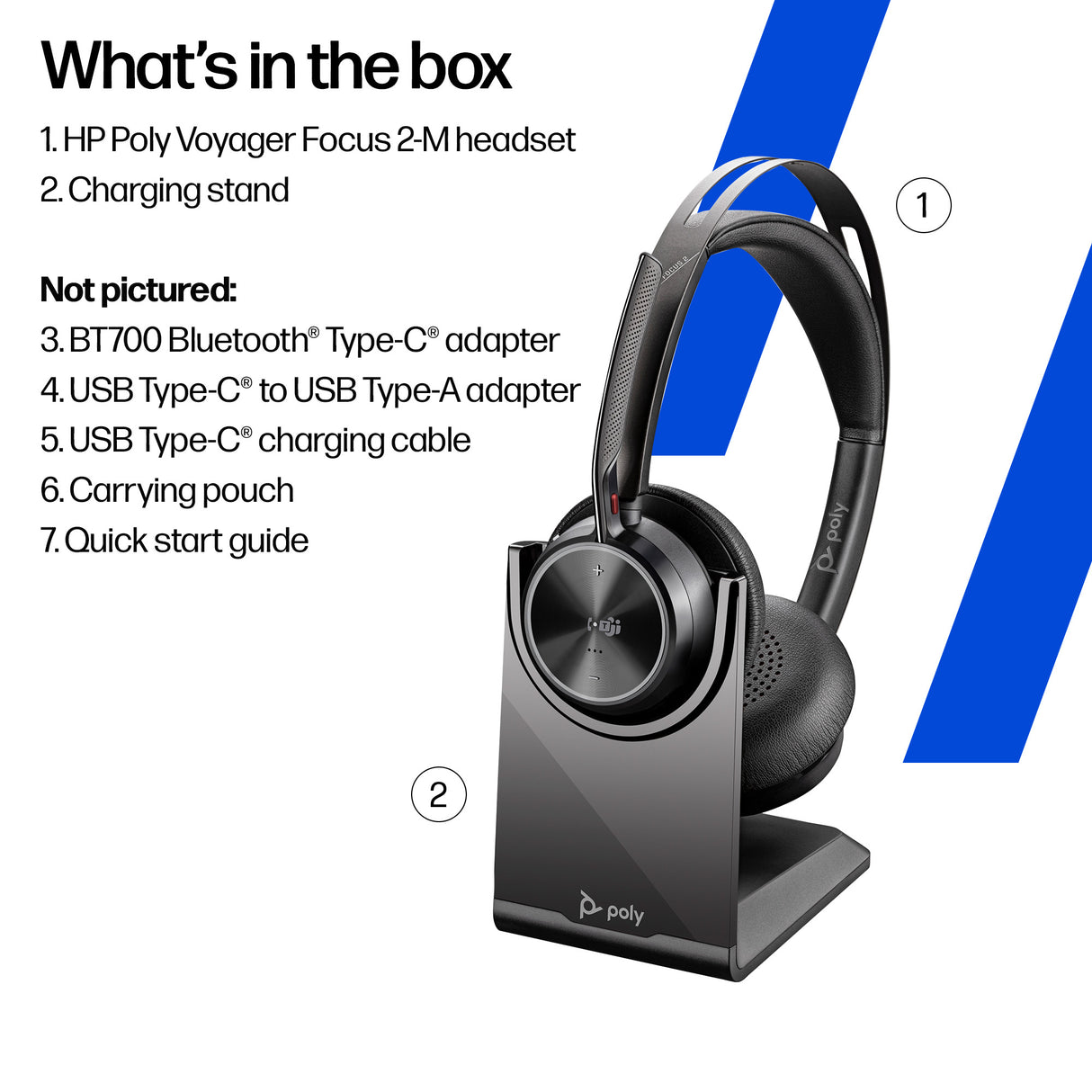 HP Poly Voyager Focus 2 Microsoft Teams Certified USB-C-C Headset +USB-C/A Adapter +Charging Stand