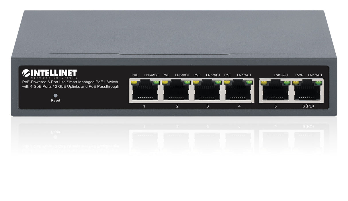 Intellinet PoE-Powered 6-Port Lite Smart Managed PoE+ Switch with 4 GbE Ports / 2 GbE Uplinks and PoE Passthrough