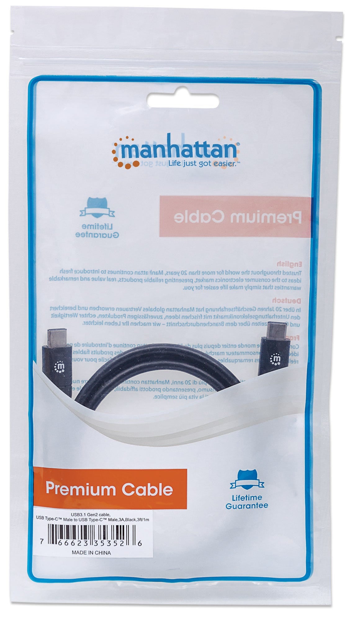 Manhattan USB-C to USB-C Cable, 1m, Male to Male, Black, 10 Gbps (USB 3.2 Gen2 aka USB 3.1), 3A (fast charging), SuperSpeed+ USB, Lifetime Warranty, Equivalent to USB31CC1M