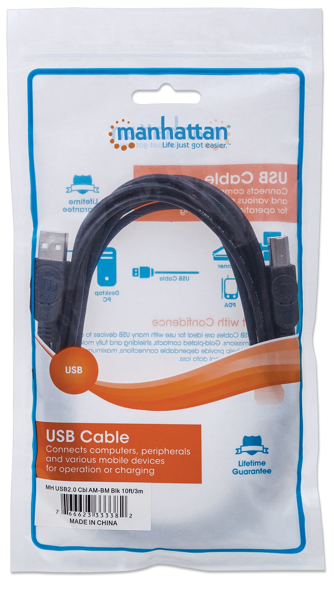 Manhattan USB-A to USB-B Cable, 1m, Male to Male, 480 Mbps (USB 2.0), Hi-Speed USB, Black, Lifetime Warranty, Equivalent to USB2HAB1M