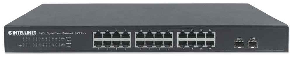 Intellinet 24-Port Gigabit Ethernet Switch with 2 SFP Ports, 24 x 10/100/1000 Mbps RJ45 Ports + 2 x SFP, IEEE 802.3az (Energy Efficient Ethernet), 19" Rackmount, Metal