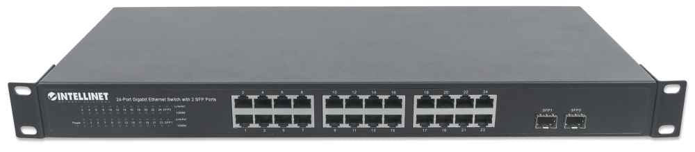 Intellinet 24-Port Gigabit Ethernet Switch with 2 SFP Ports, 24 x 10/100/1000 Mbps RJ45 Ports + 2 x SFP, IEEE 802.3az (Energy Efficient Ethernet), 19" Rackmount, Metal