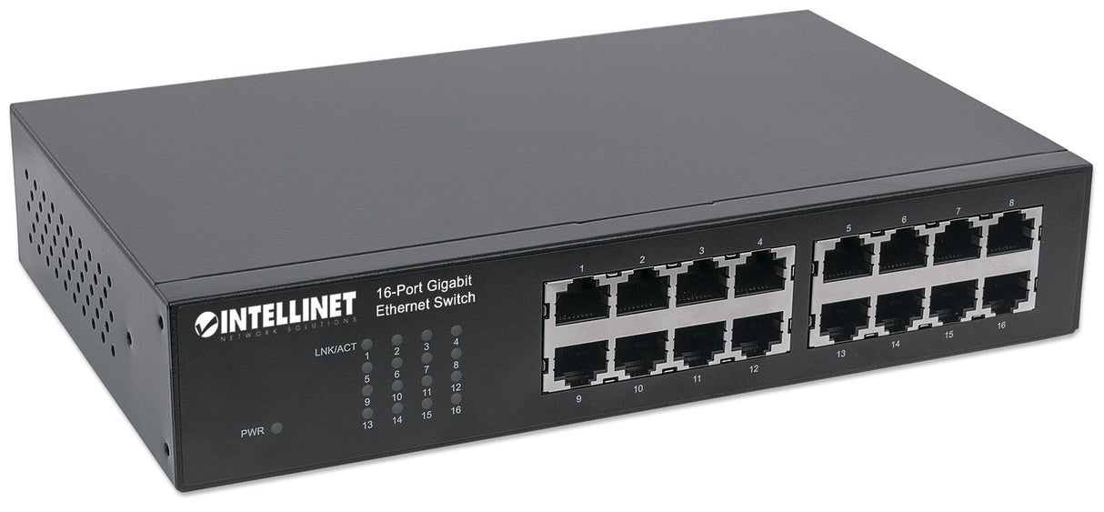 Intellinet 16-Port Gigabit Ethernet Switch, 16-Port RJ45 10/100/1000 Mbps, IEEE 802.3az Energy Efficient Ethernet, Desktop, 19" Rackmount