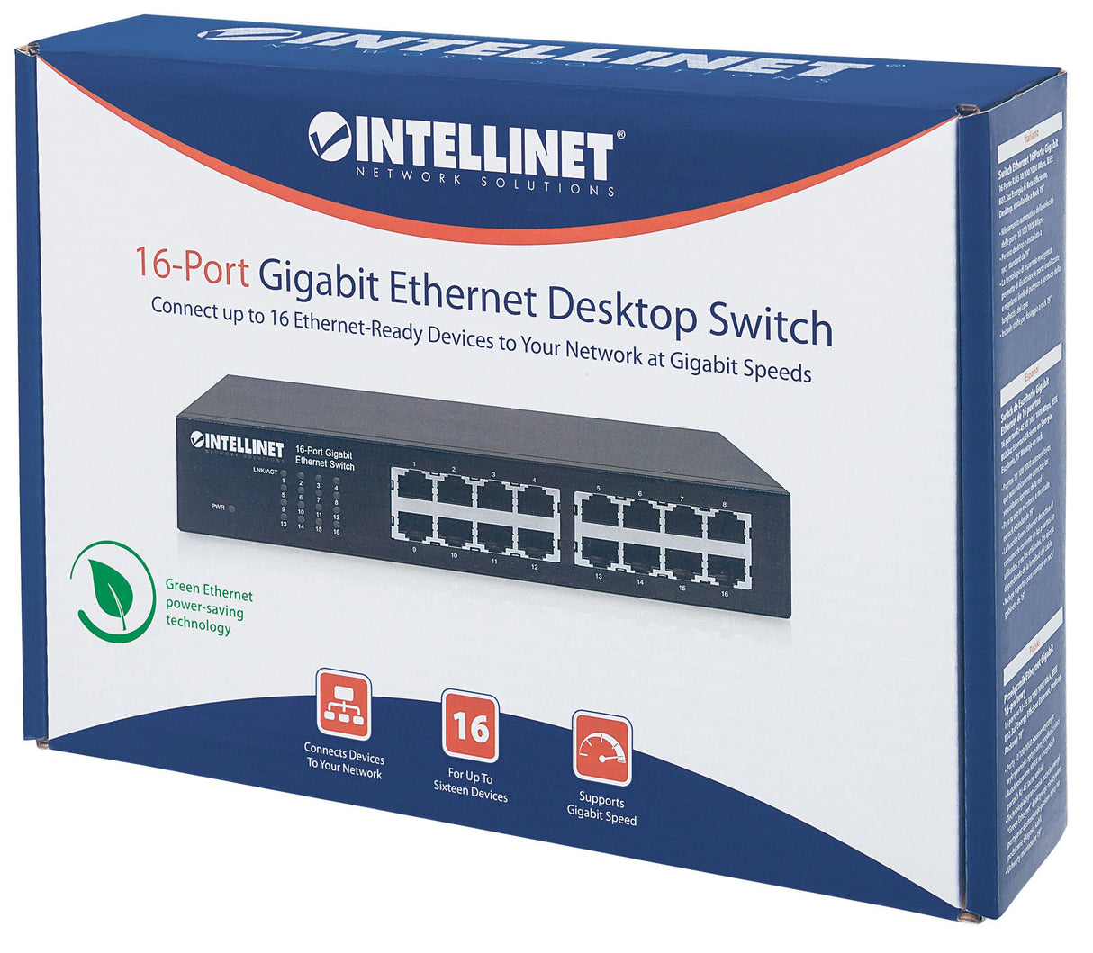 Intellinet 16-Port Gigabit Ethernet Switch, 16-Port RJ45 10/100/1000 Mbps, IEEE 802.3az Energy Efficient Ethernet, Desktop, 19" Rackmount