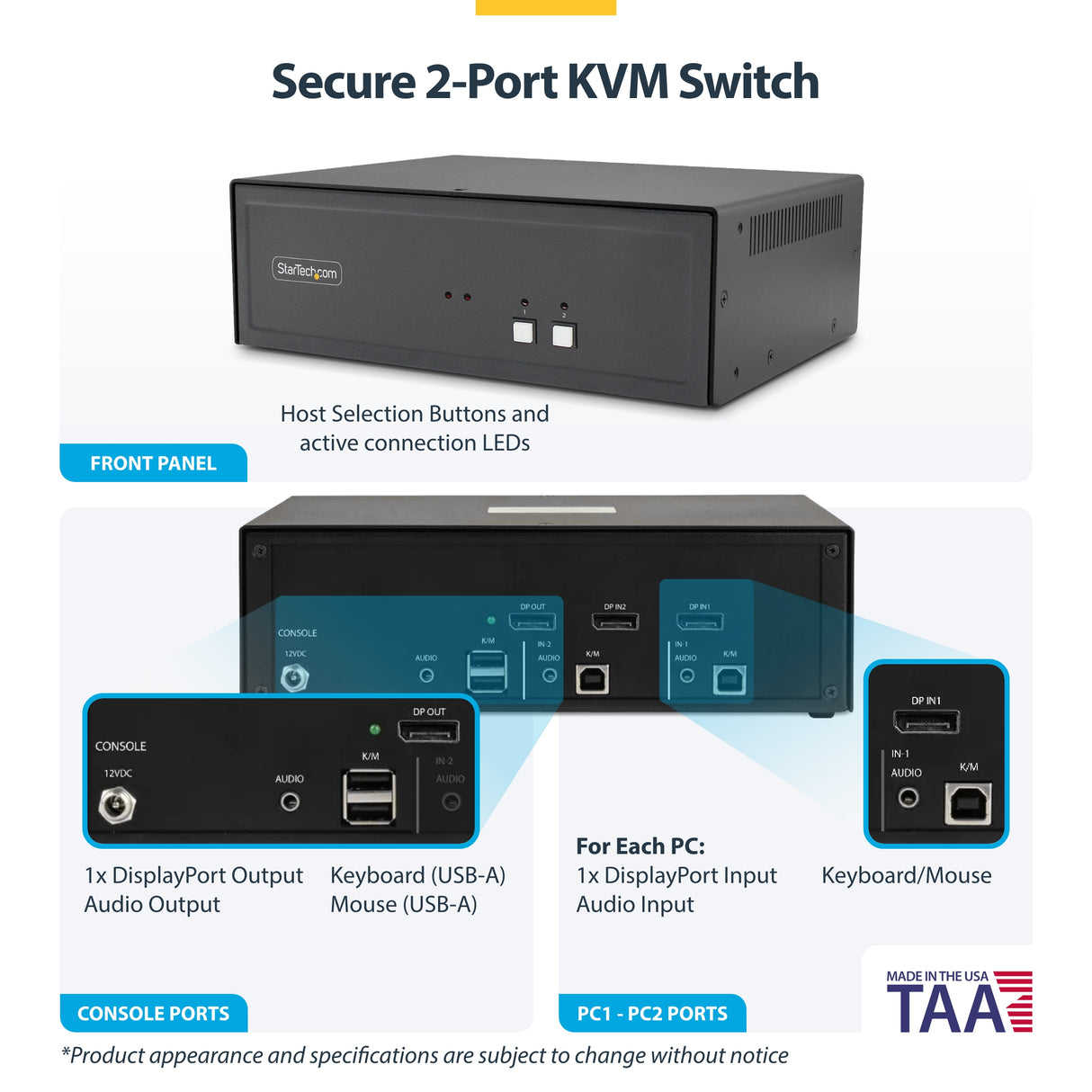 StarTech.com Secure 2-Port KVM Switch, DisplayPort, 4K 60Hz, NIAP 4.0 Desktop KVM, Metal Housing, Made in the USA