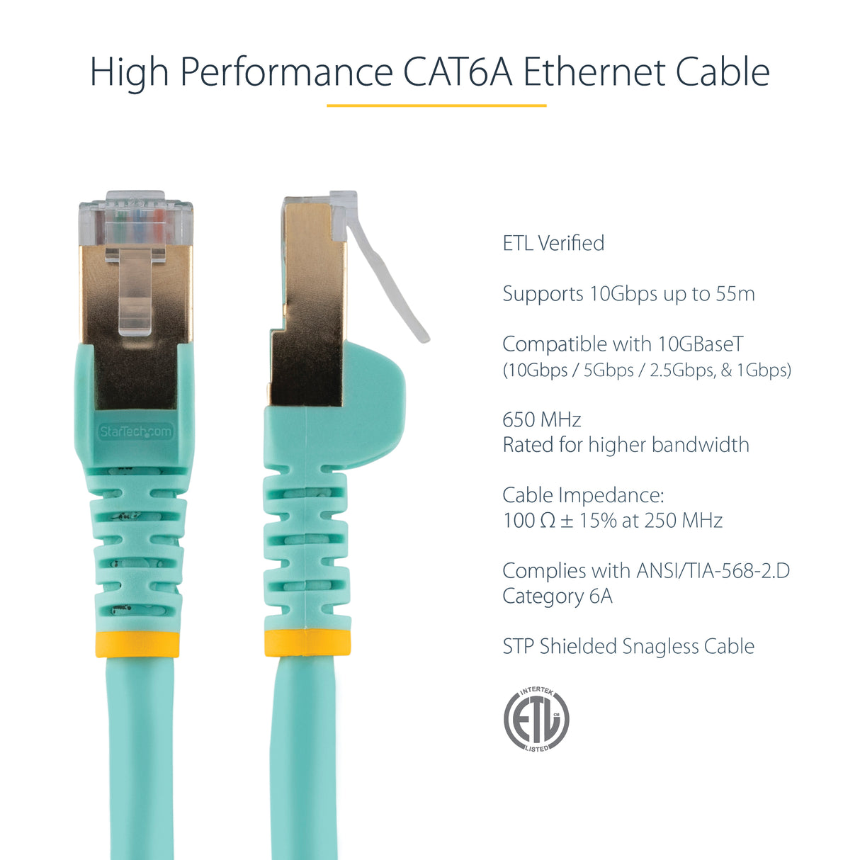 StarTech.com 10ft CAT6a Ethernet Cable - 10 Gigabit Shielded Snagless RJ45 100W PoE Patch Cord - 10GbE STP Network Cable w/Strain Relief - Aqua Individually Tested/Wiring is UL Certified/TIA