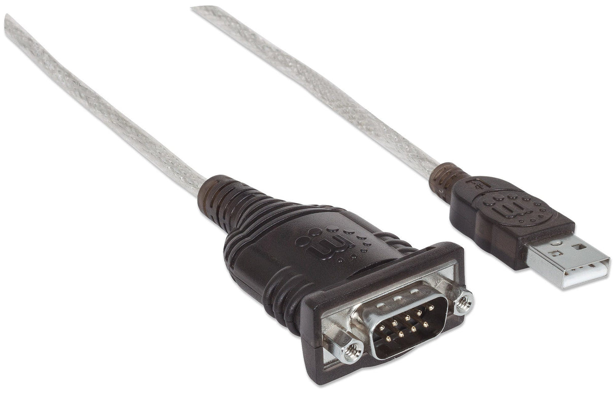 Manhattan USB-A to Serial Converter cable, 45cm, Male to Male, Serial/RS232/COM/DB9, FTDI FT232RL Chip, Windows 11 compatible (plus previous o/s), Black/Silver cable, Three Years Warranty, Equivalent to ICUSB2321F.