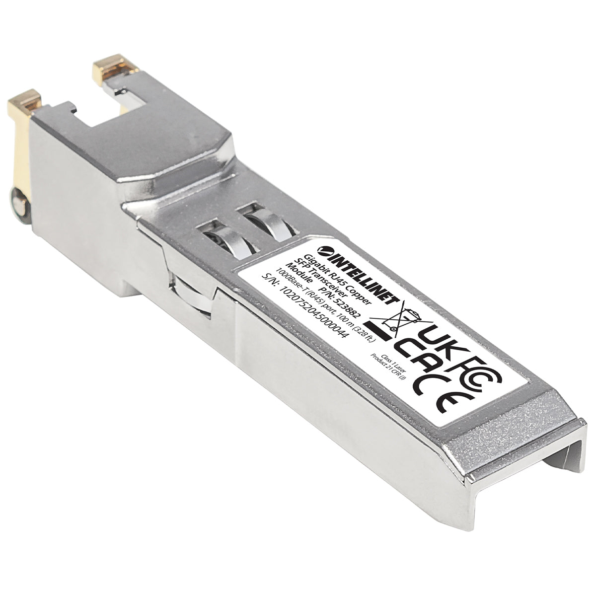 Intellinet Transceiver Module Optical, Gigabit RJ45 Copper SFP, 1000Base-T (RJ45) port, 100m, MSA Compliant, Equivalent to Cisco GLC-T, Ethernet, Fiber/Fibre, Three Year Warranty