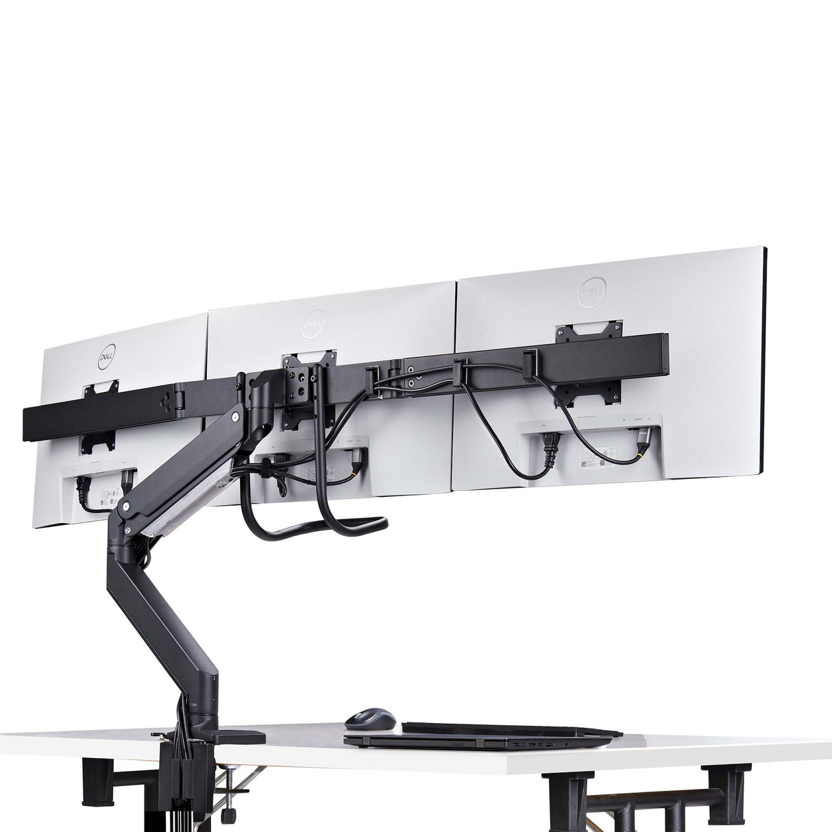 StarTech.com Desk Mount Triple Monitor Arm with Crossbar For Up To Three 27in Screens, VESA 75x75/100x100, Tool-Less Arm Adjustments, C-Clamp/Grommet, Spring-Assisted Arm