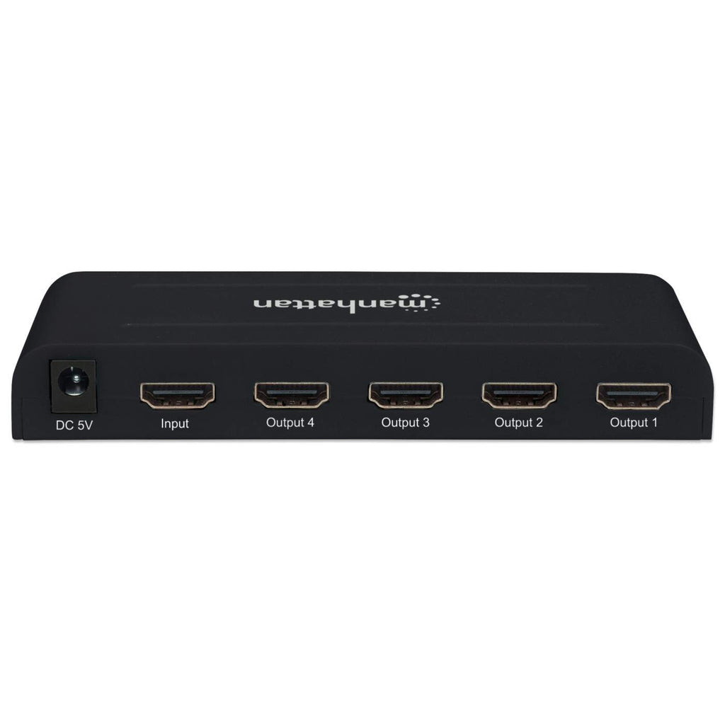 Manhattan HDMI Splitter, 4-Port, 4K@30Hz, AC Powered, Black, Three Year Warranty, Boxed (With Euro 2-pin plug)
