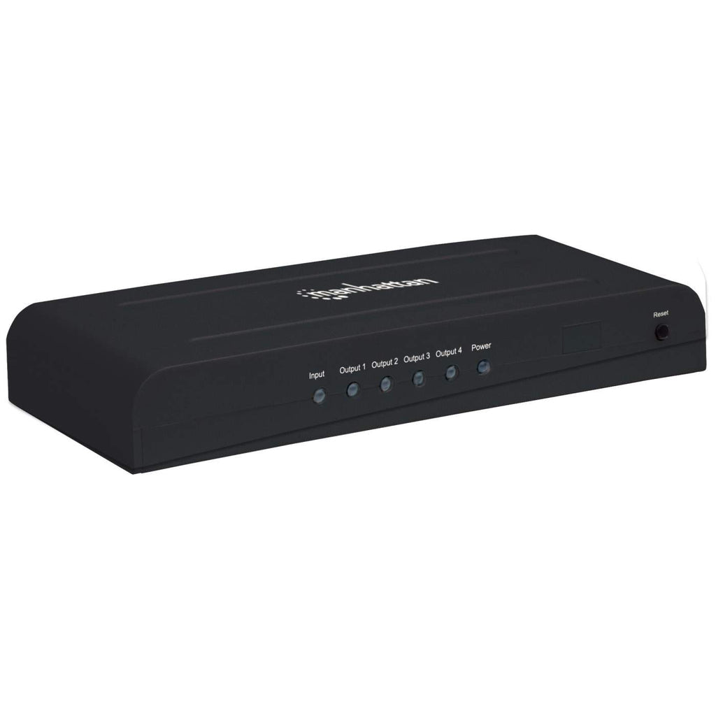 Manhattan HDMI Splitter, 4-Port, 4K@30Hz, AC Powered, Black, Three Year Warranty, Boxed (With Euro 2-pin plug)