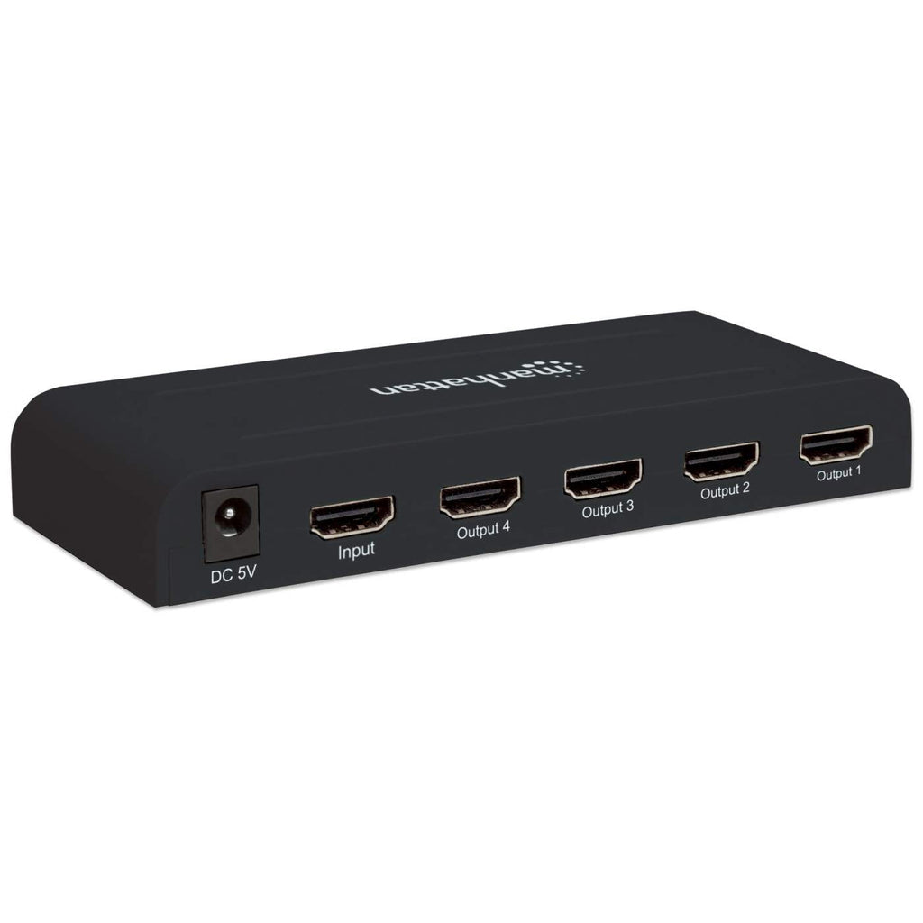 Manhattan HDMI Splitter, 4-Port, 4K@30Hz, AC Powered, Black, Three Year Warranty, Boxed (With Euro 2-pin plug)