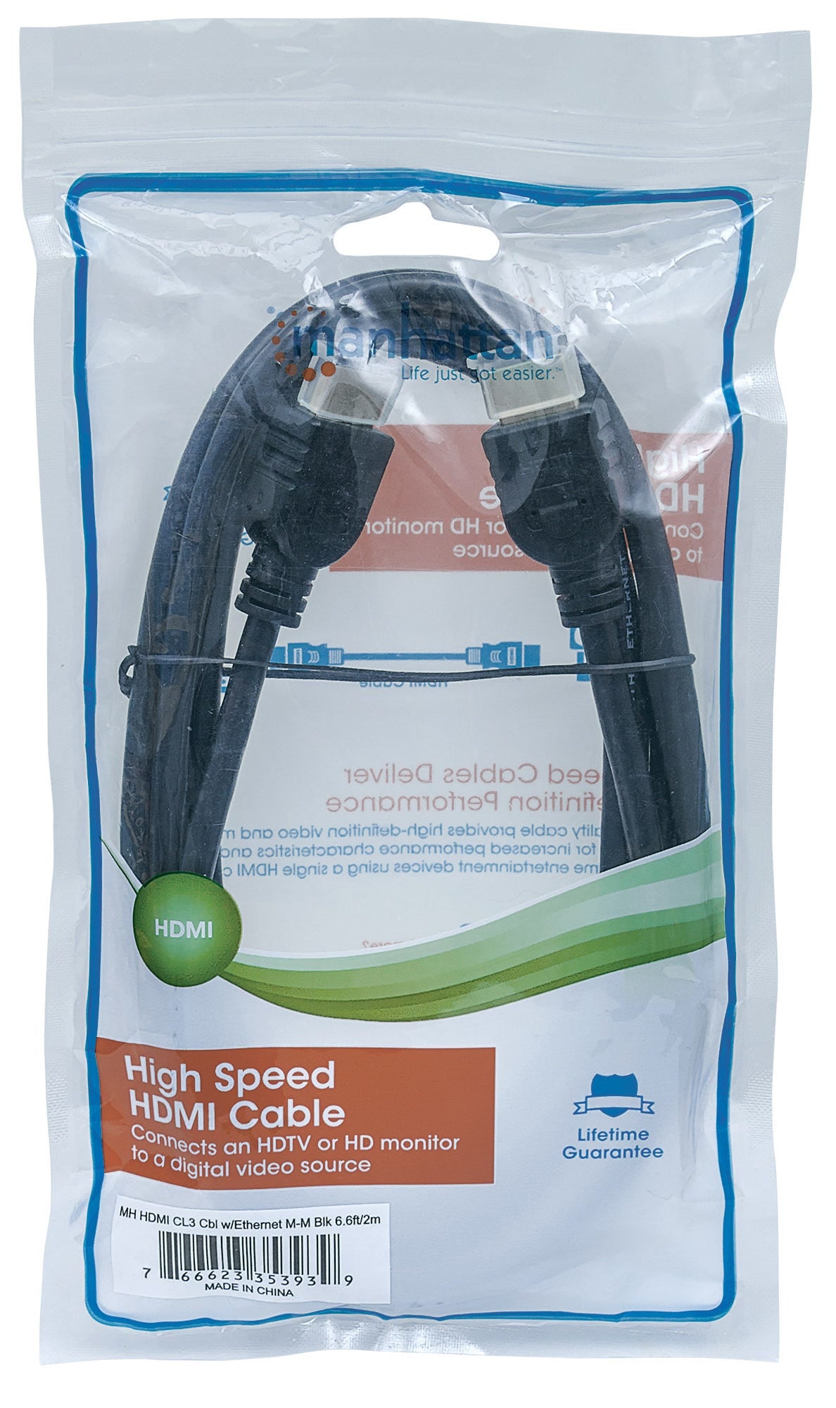 Manhattan HDMI 4K@60Hz Cable with Ethernet - CL3 rated, 2m, Suitable for In-Wall use, For ALL 4K & 1080p/HD uses - when upgrading now or have it ready for when you need it, Male to Male, Black, Ultra HD 4k x 2k, Lifetime Warranty, Premium High Speed