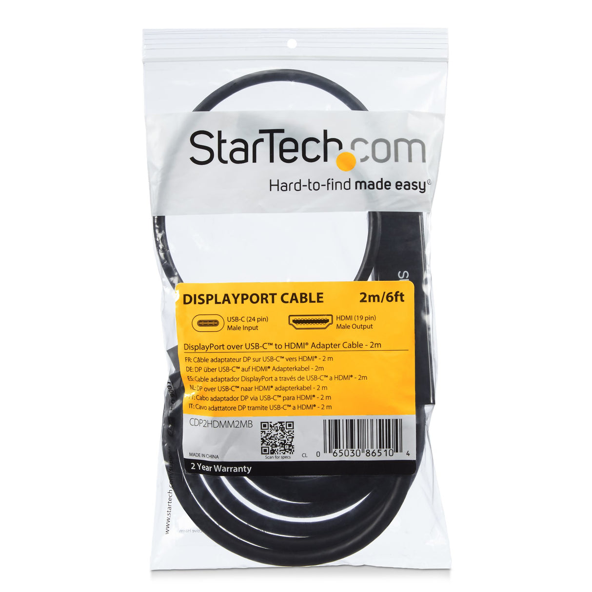 StarTech.com 6ft (2m) USB C to HDMI Cable - 4K 30Hz USB Type-C to HDMI Video Display Converter - USB-C DP Alt Mode to HDMI Monitor Adapter Cord - Thunderbolt Compatible