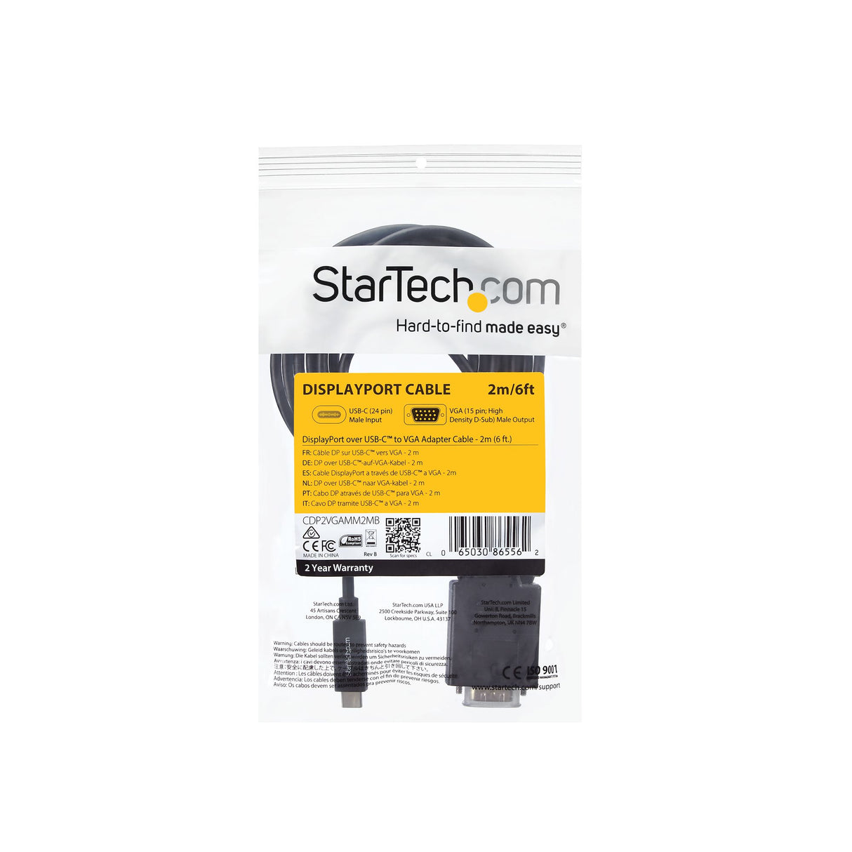 StarTech.com 6.6ft (2m) USB C to VGA Cable - 1920x1200/1080p USB Type C to VGA Video Active Adapter Cable - Thunderbolt Compatible - Laptop to VGA Monitor/Projector - DP Alt Mode HBR2