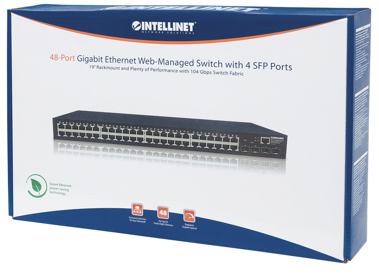 Intellinet 48-Port Gigabit Ethernet Web-Managed Switch with 4 SFP Ports, 48 x 10/100/1000 Mbps RJ45 Ports + 4 x SFP, IEEE 802.3az Energy Efficient Ethernet, SNMP, QoS, VLAN, ACL, 19 Rackmount" (Euro 2-pin plug)