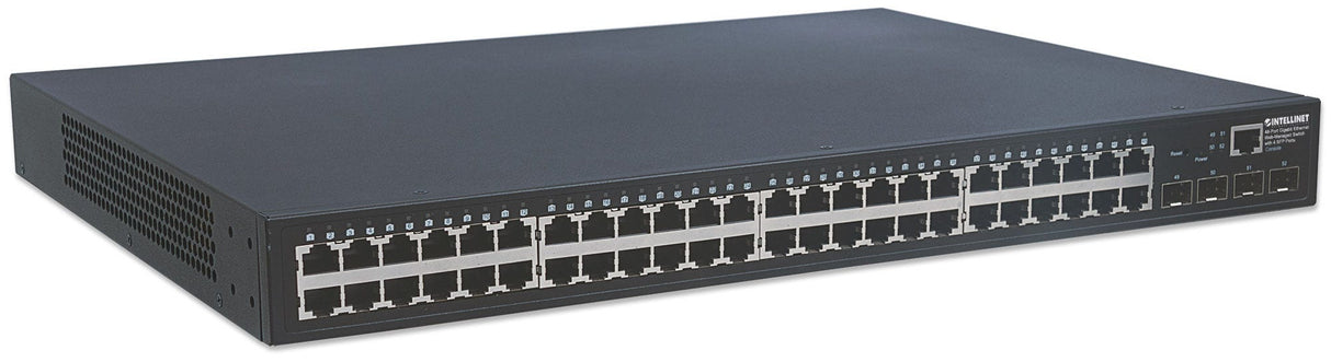 Intellinet 48-Port Gigabit Ethernet Web-Managed Switch with 4 SFP Ports, 48 x 10/100/1000 Mbps RJ45 Ports + 4 x SFP, IEEE 802.3az Energy Efficient Ethernet, SNMP, QoS, VLAN, ACL, 19 Rackmount" (Euro 2-pin plug)