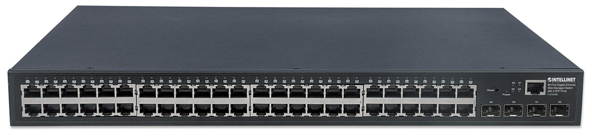 Intellinet 48-Port Gigabit Ethernet Web-Managed Switch with 4 SFP Ports, 48 x 10/100/1000 Mbps RJ45 Ports + 4 x SFP, IEEE 802.3az Energy Efficient Ethernet, SNMP, QoS, VLAN, ACL, 19 Rackmount" (Euro 2-pin plug)