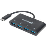 Manhattan USB-C Dock/Hub, Ports (x4): USB-A (x4), 5 Gbps (USB 3.2 Gen1 aka USB 3.0), USB powered (no external power supply required), Cable 20cm, Equivalent to HB30C4AB