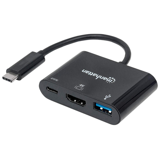Manhattan USB-C Dock/Hub, Ports (x3): HDMI, USB-A and USB-C, 5 Gbps (USB 3.2 Gen1 aka USB 3.0), With Power Delivery (60W) to USB-C Port (Note additional USB-C wall charger and USB-C cable needed), Universal for all devices, Black, Equivalent to...