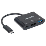 Manhattan USB-C Dock/Hub, Ports (x3): HDMI, USB-A and USB-C, 5 Gbps (USB 3.2 Gen1 aka USB 3.0), With Power Delivery (60W) to USB-C Port (Note additional USB-C wall charger and USB-C cable needed), Universal for all devices, Black, Equivalent to...