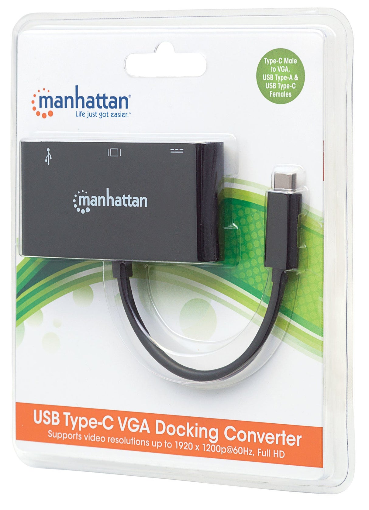 Manhattan USB-C 3-Port Hub/Dock, USB-C to USB-A, USB-C and VGA, 5 Gbps (USB 3.2 Gen1 aka USB 3.0), 1080p@60Hz, Power Delivery to USB-C Port (60W), Cable 8cm, Black, Lifetime Warranty, Blister