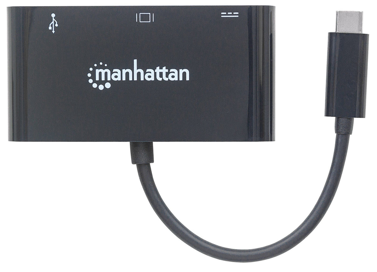 Manhattan USB-C 3-Port Hub/Dock, USB-C to USB-A, USB-C and VGA, 5 Gbps (USB 3.2 Gen1 aka USB 3.0), 1080p@60Hz, Power Delivery to USB-C Port (60W), Cable 8cm, Black, Lifetime Warranty, Blister