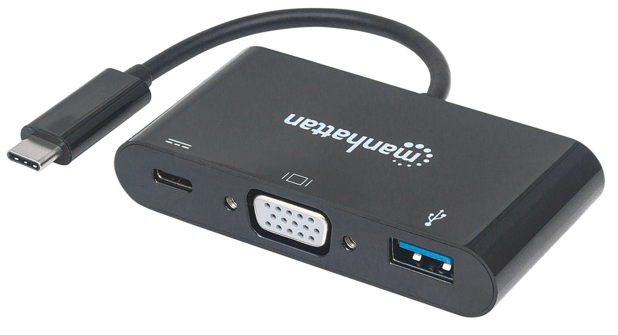 Manhattan USB-C 3-Port Hub/Dock, USB-C to USB-A, USB-C and VGA, 5 Gbps (USB 3.2 Gen1 aka USB 3.0), 1080p@60Hz, Power Delivery to USB-C Port (60W), Cable 8cm, Black, Lifetime Warranty, Blister