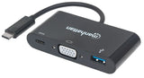 Manhattan USB-C 3-Port Hub/Dock, USB-C to USB-A, USB-C and VGA, 5 Gbps (USB 3.2 Gen1 aka USB 3.0), 1080p@60Hz, Power Delivery to USB-C Port (60W), Cable 8cm, Black, Lifetime Warranty, Blister