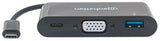 Manhattan USB-C 3-Port Hub/Dock, USB-C to USB-A, USB-C and VGA, 5 Gbps (USB 3.2 Gen1 aka USB 3.0), 1080p@60Hz, Power Delivery to USB-C Port (60W), Cable 8cm, Black, Lifetime Warranty, Blister
