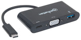 Manhattan USB-C 3-Port Hub/Dock, USB-C to USB-A, USB-C and VGA, 5 Gbps (USB 3.2 Gen1 aka USB 3.0), 1080p@60Hz, Power Delivery to USB-C Port (60W), Cable 8cm, Black, Lifetime Warranty, Blister