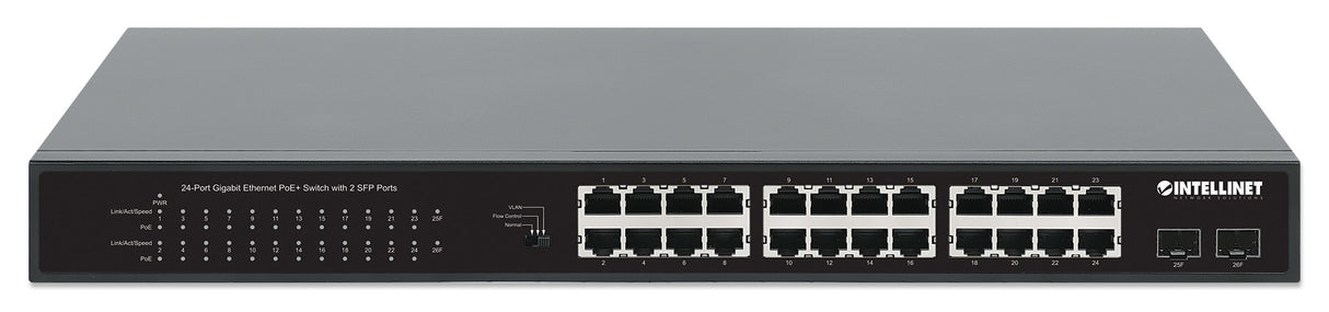 Intellinet 24-Port Gigabit Ethernet PoE+ Switch with 2 SFP Ports IEEE 802.3at/af (PoE+/PoE) Compliant, PoE Power Budget of 370 W, Two 1G SFP Open Slots, 19" Rackmount