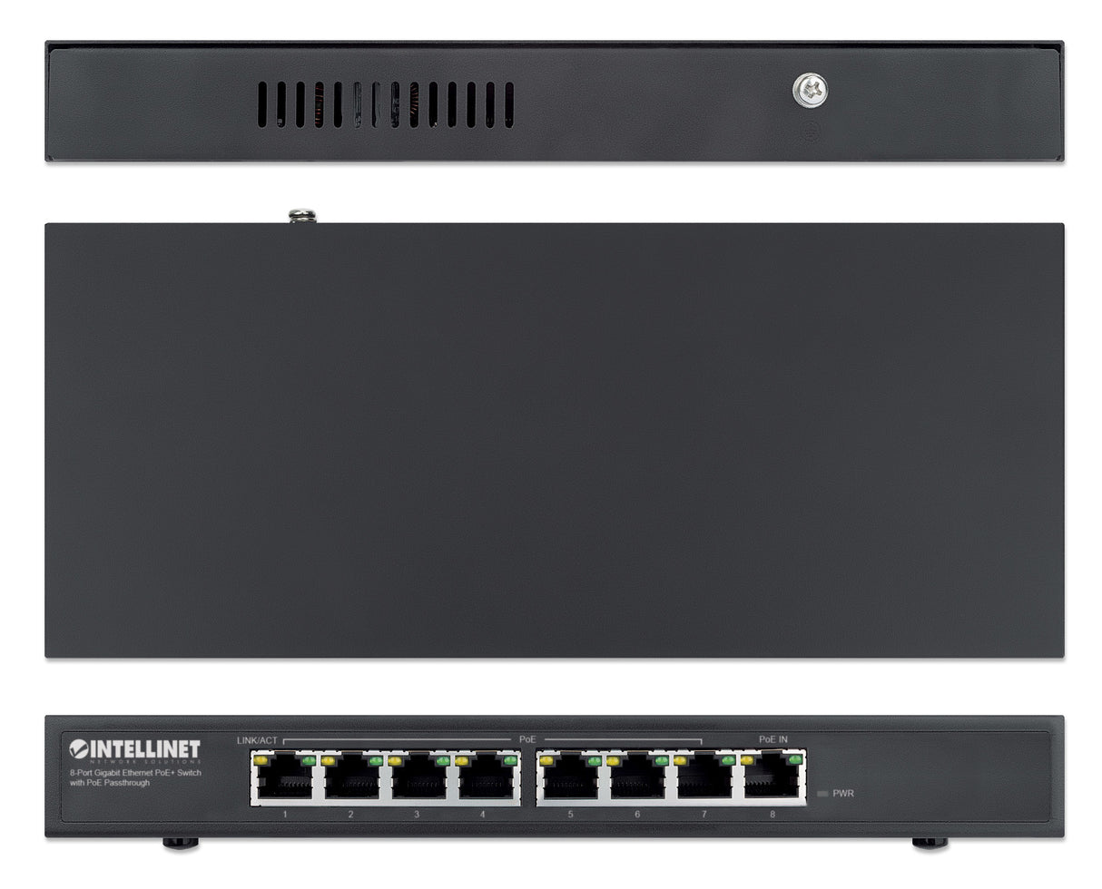 Intellinet 8-Port Gigabit Ethernet PoE+ Switch with PoE Passthrough, 1x Ultra PoE++ IEEE 802.3bt (4PPoE) PD PoE Port with 90 W Power Input, 7x PSE PoE Ports, PoE Power Budget up to 85W, IEEE 802.3at/af Compliant, Rackmount