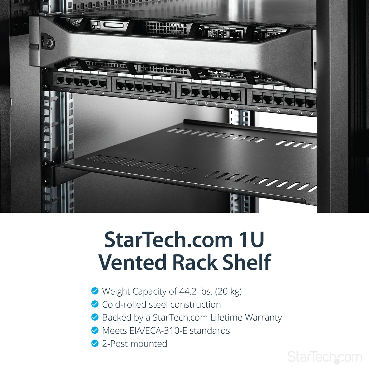 StarTech.com 1U Server Rack Shelf - Universal Vented Rack Mount Cantilever Tray for 19" Network Equipment Rack & Cabinet - Heavy Duty Steel – Weight Capacity 44lb/20kg - 16" Deep Shelf, Black