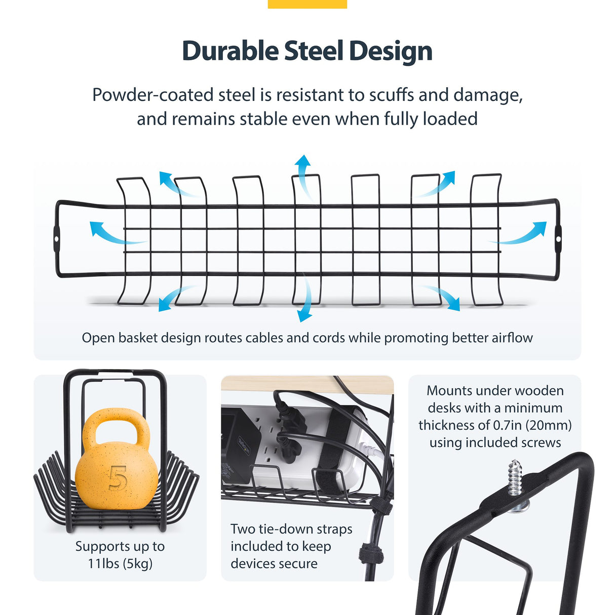 StarTech.com Under Desk Cable Management Tray, 24" Long, Metal Basket Style Cable Organizer, Screw-On Installation, Power Bar Holder, Metal, Black, TAA-Compliant
