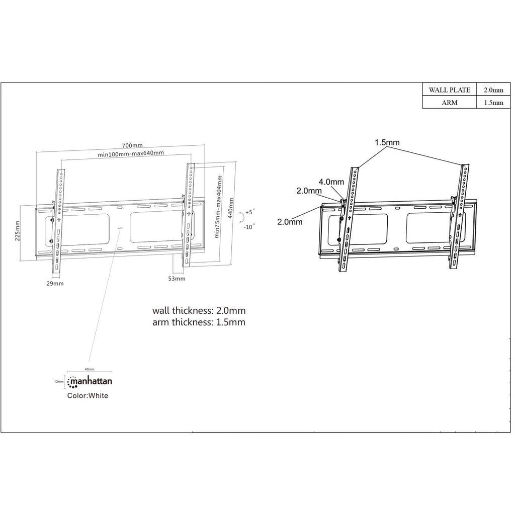 Manhattan Wall Mount for TV & Monitors (Tiltable), For screens 37" to 65", VESA compatibility: all between 200x200mm to 600x400mm - check the dimensions of the four mounting holes on back of screen to ensure it fits, Max 80kg, Black, Bracket